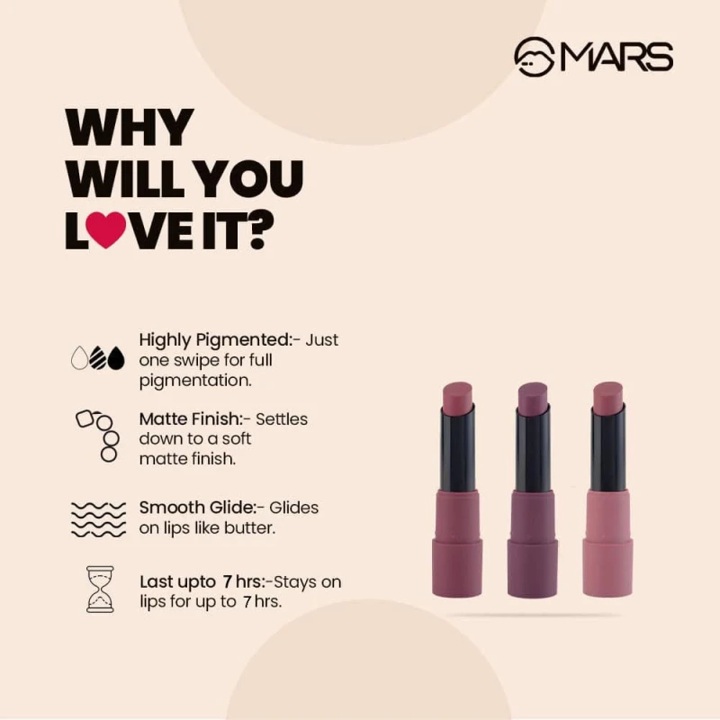 MARS Matte Box Set of 3 Lipsticks for Women | Long-Lasting | Smooth Finish | Moisturising | One Swipe Pigmentation | (3x3.2 gm) (03-Plum) thumbnail 5